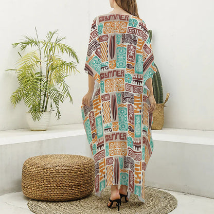 Tropical Tiki Pattern Print Silk V-Neck Kaftan Dress