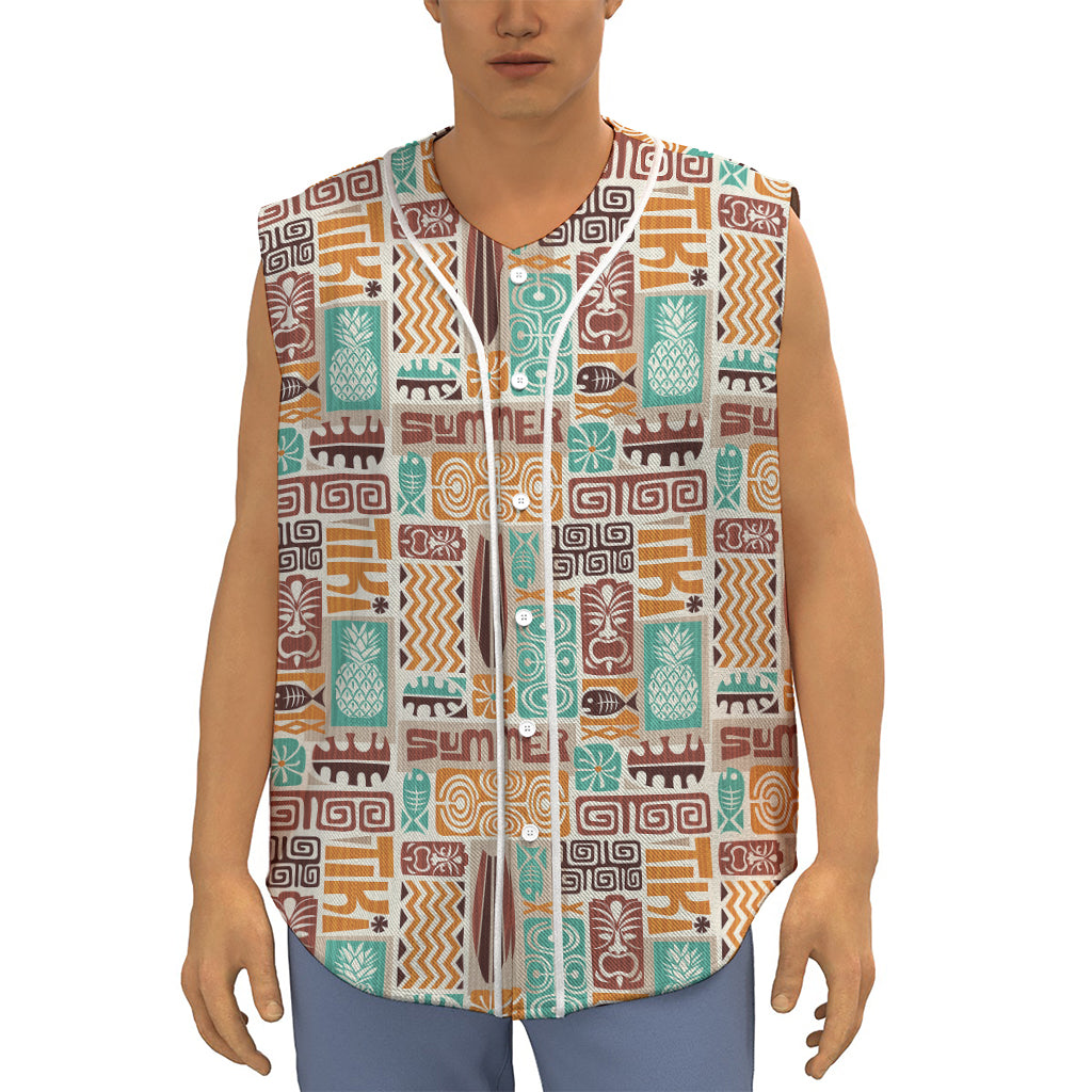 Tropical Tiki Pattern Print Sleeveless Baseball Jersey