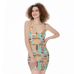 Tropical Tiki Pattern Print Sleeveless Bodycon Dress