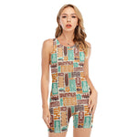 Tropical Tiki Pattern Print Sleeveless One Piece Swimsuit