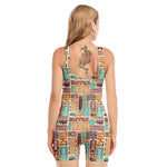 Tropical Tiki Pattern Print Sleeveless One Piece Swimsuit