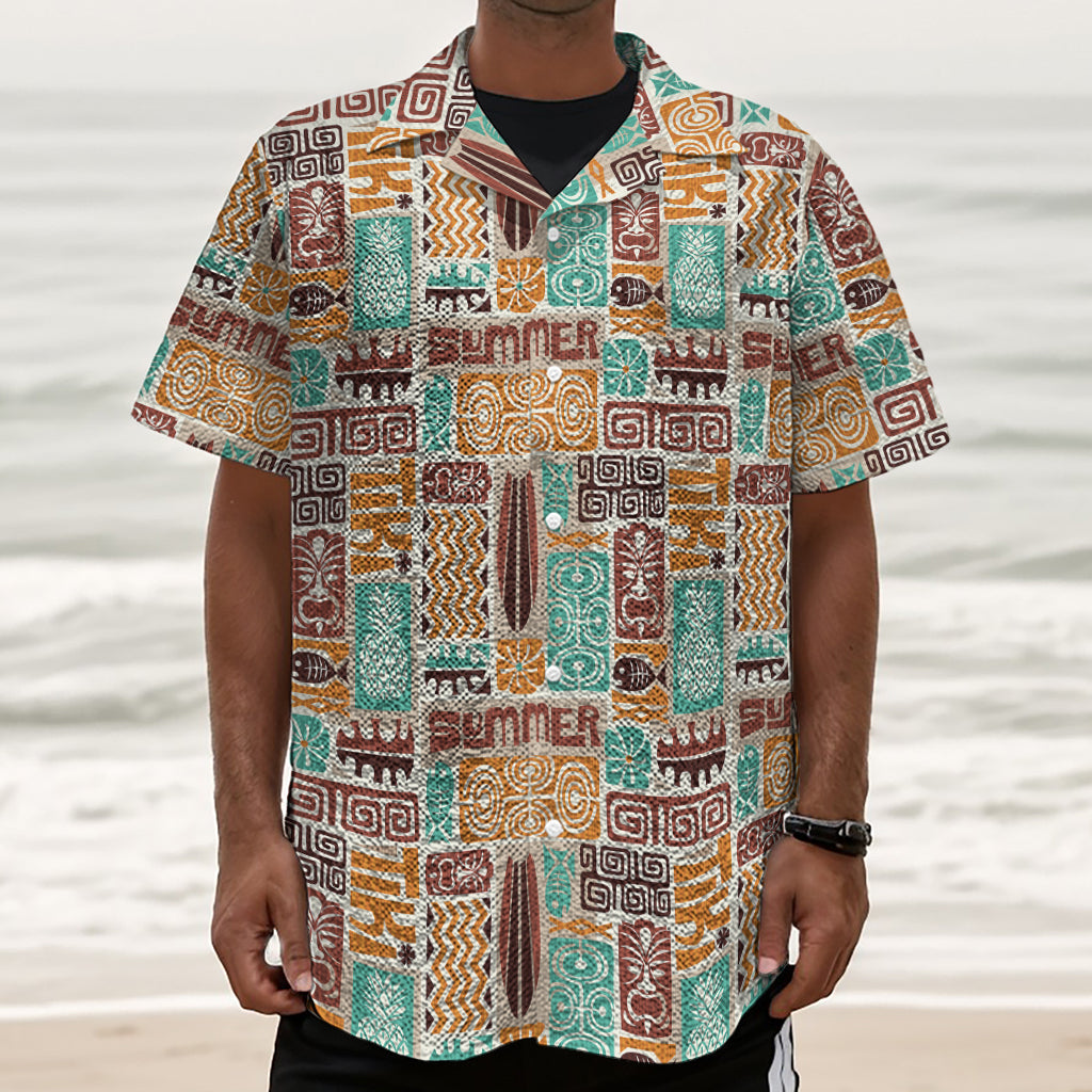 Tropical Tiki Pattern Print Textured Short Sleeve Shirt