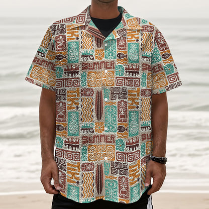 Tropical Tiki Pattern Print Textured Short Sleeve Shirt