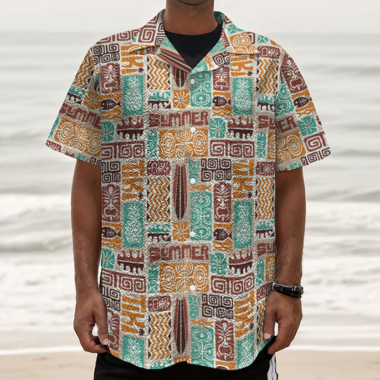 Tropical Tiki Pattern Print Textured Short Sleeve Shirt