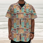 Tropical Tiki Pattern Print Textured Short Sleeve Shirt