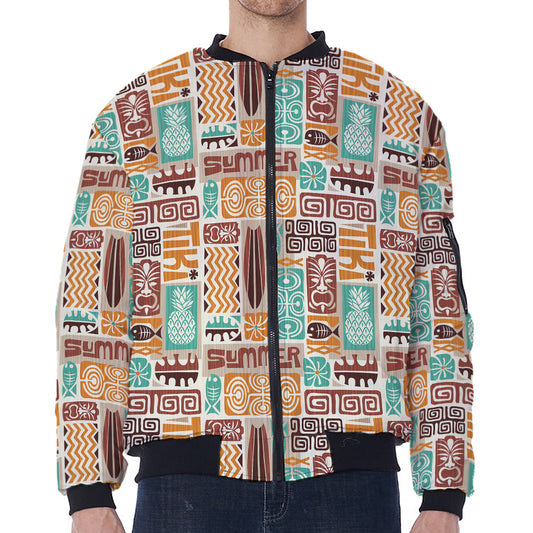 Tropical Tiki Pattern Print Zip Sleeve Bomber Jacket
