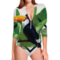 Tropical Toco Toucan Print Long Sleeve Swimsuit