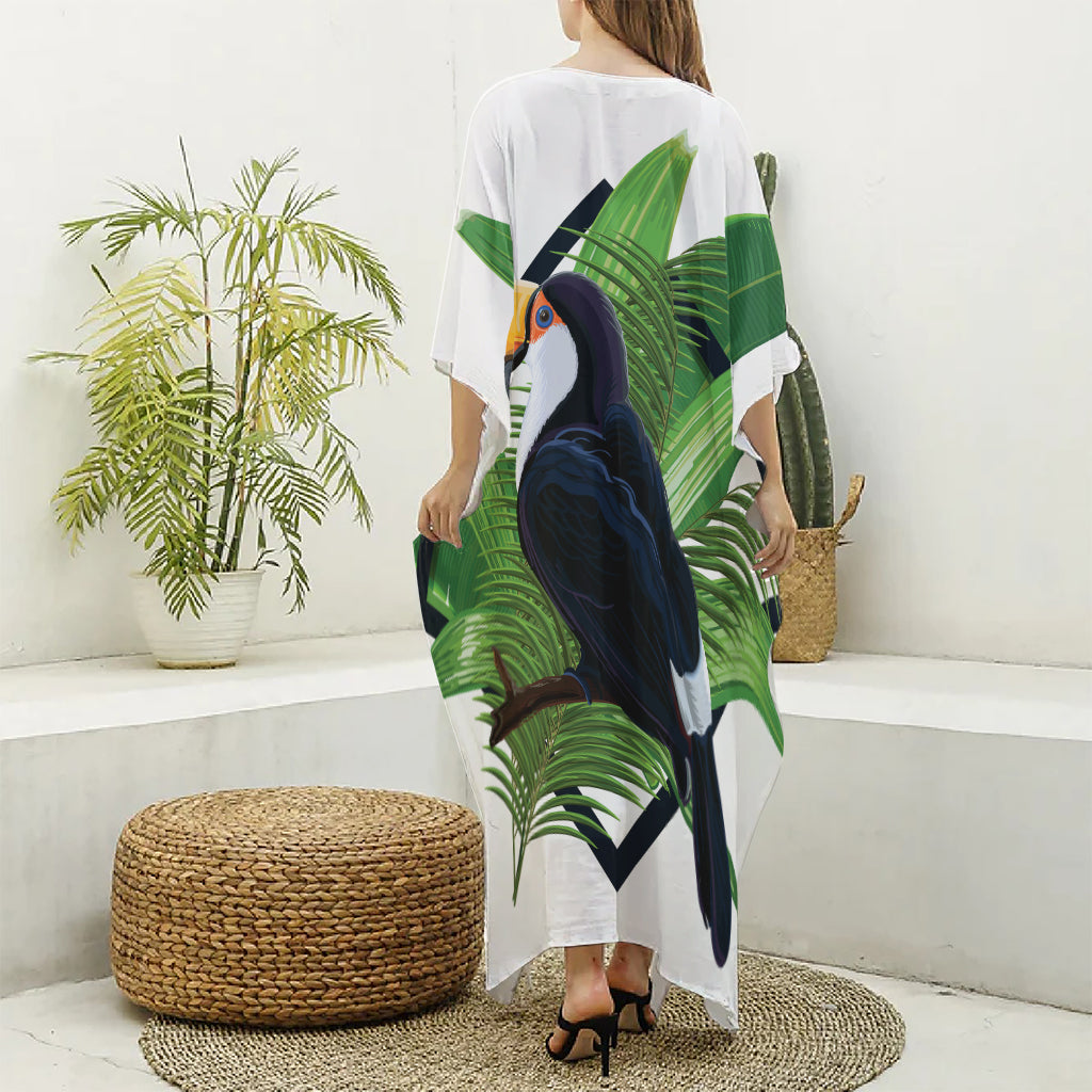 Tropical Toco  Toucan Print Silk V-Neck Kaftan Dress