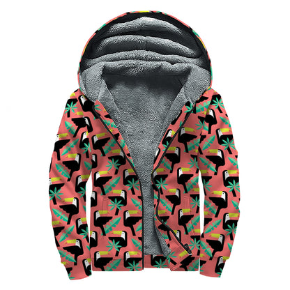 Tropical Toco Toucan Pattern Print Sherpa Lined Zip Up Hoodie