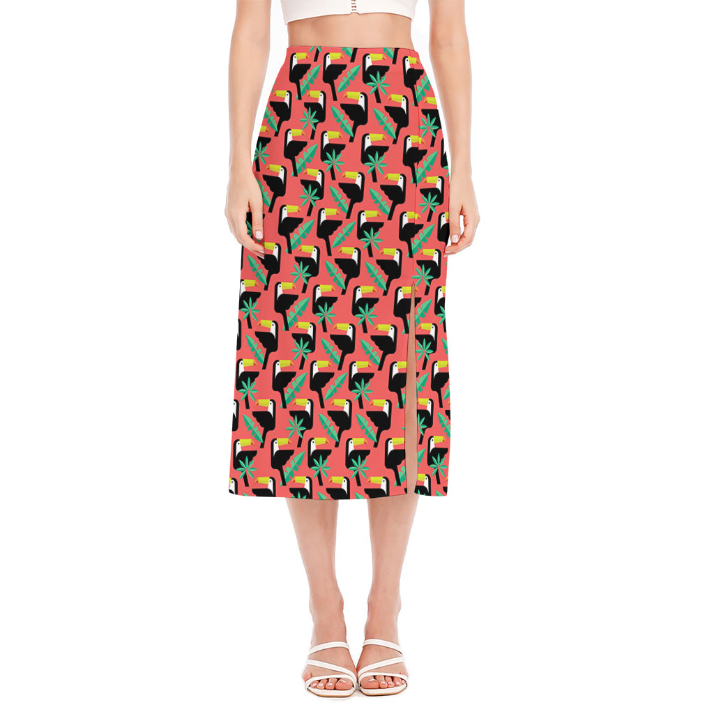 Tropical Toco Toucan Pattern Print Side Slit Midi Skirt