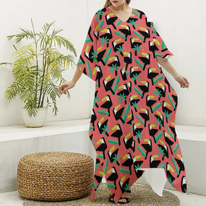 Tropical Toco Toucan Pattern Print Silk V-Neck Kaftan Dress