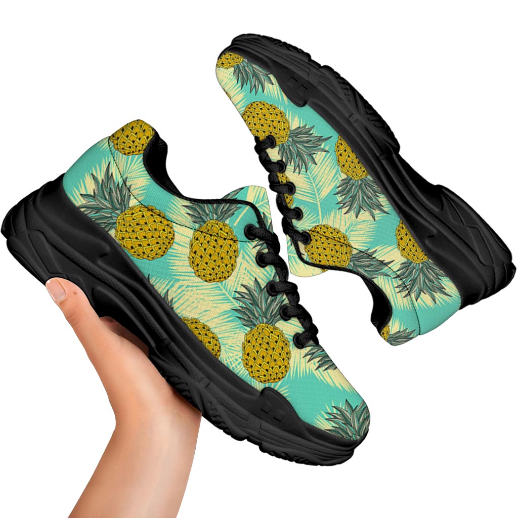 Tropical Vintage Pineapple Pattern Print Black Chunky Shoes