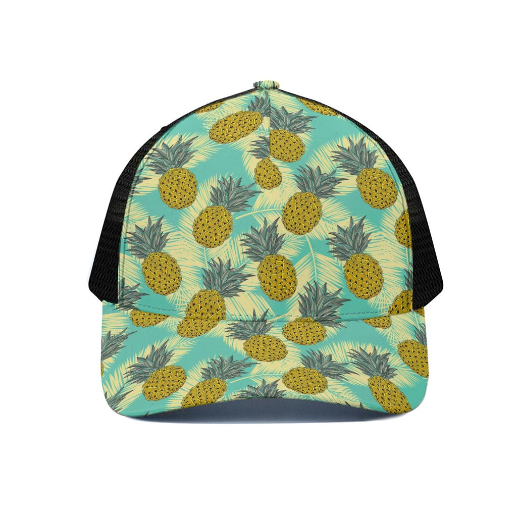 Tropical Vintage Pineapple Pattern Print Black Mesh Trucker Cap