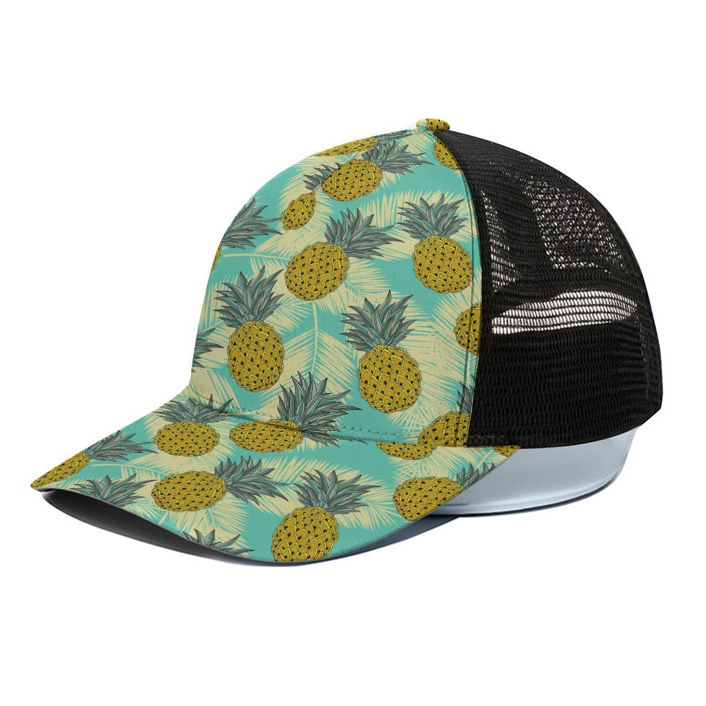 Tropical Vintage Pineapple Pattern Print Black Mesh Trucker Cap