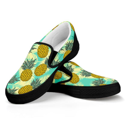 Tropical Vintage Pineapple Pattern Print Black Slip On Sneakers