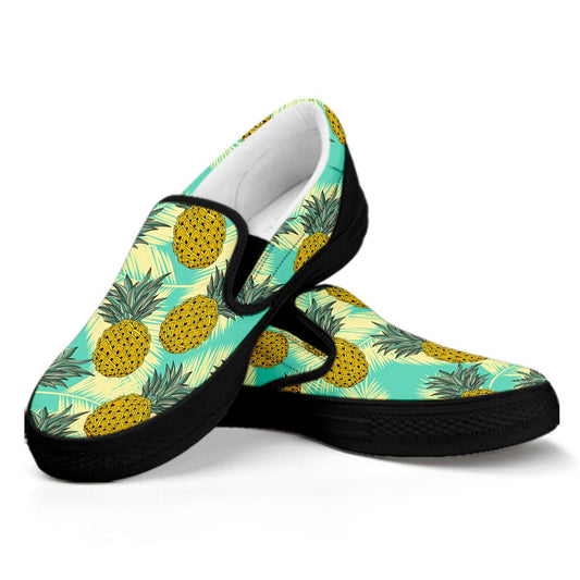 Tropical Vintage Pineapple Pattern Print Black Slip On Sneakers
