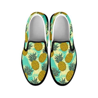 Tropical Vintage Pineapple Pattern Print Black Slip On Sneakers