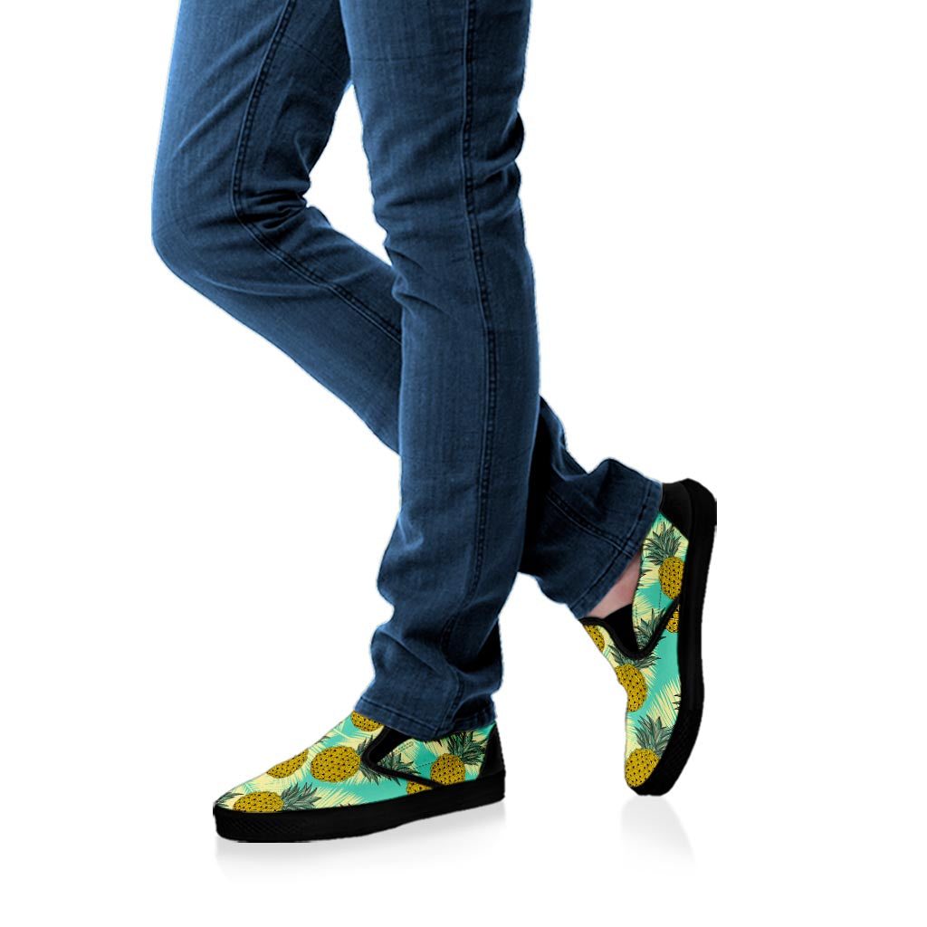 Tropical Vintage Pineapple Pattern Print Black Slip On Sneakers