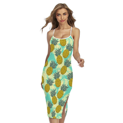 Tropical Vintage Pineapple Pattern Print Cross Back Cami Dress