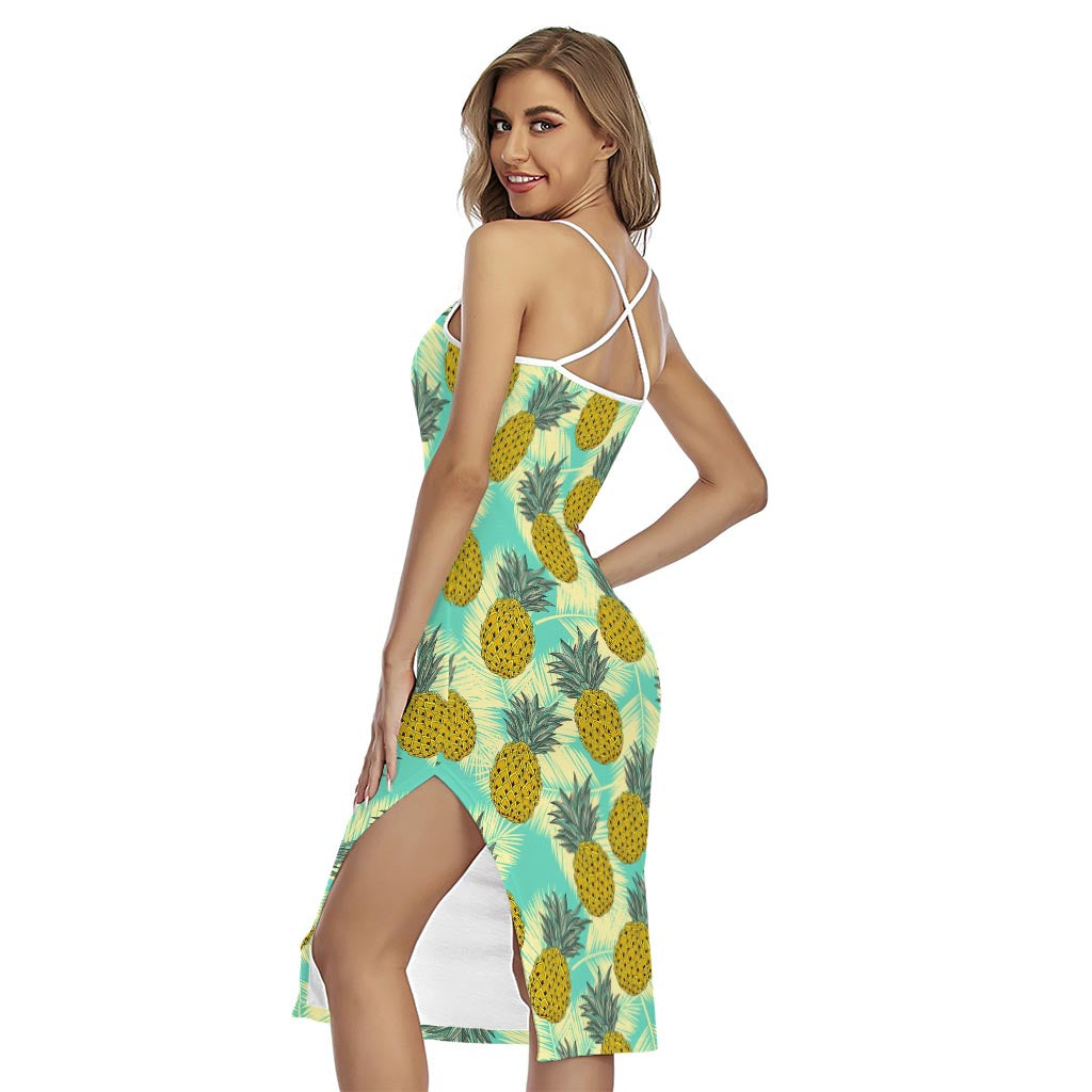 Tropical Vintage Pineapple Pattern Print Cross Back Cami Dress