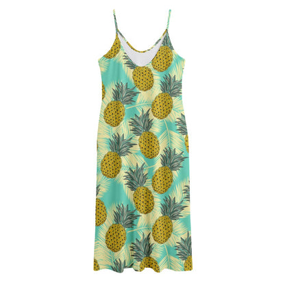 Tropical Vintage Pineapple Pattern Print Jersey Midi Cami Dress