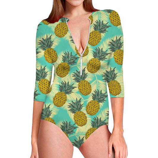 Tropical Vintage Pineapple Pattern Print Long Sleeve Swimsuit