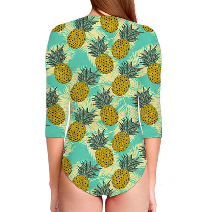 Tropical Vintage Pineapple Pattern Print Long Sleeve Swimsuit