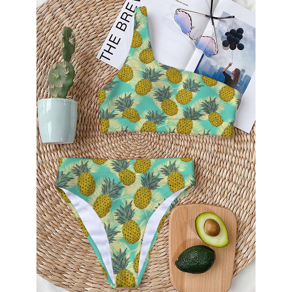 Tropical Vintage Pineapple Pattern Print One Shoulder Bikini Top