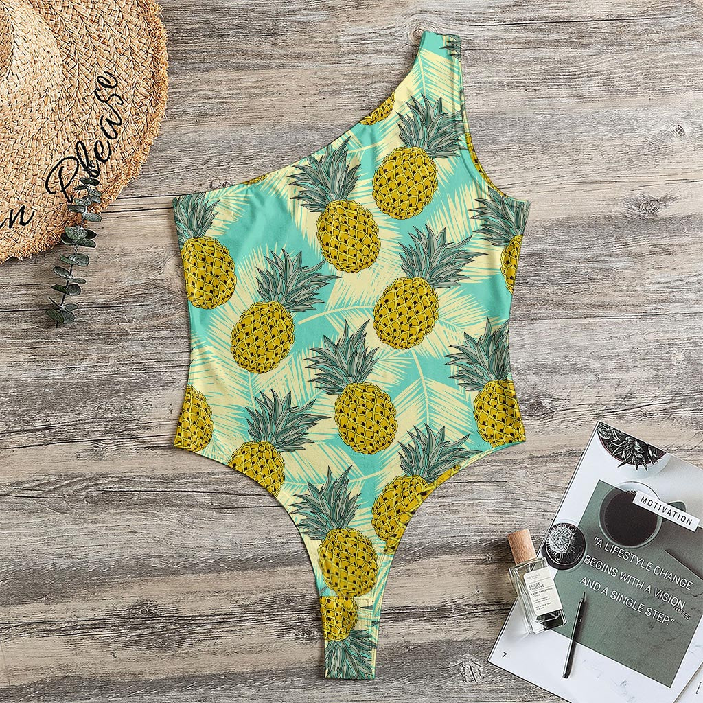 Tropical Vintage Pineapple Pattern Print One Shoulder Bodysuit