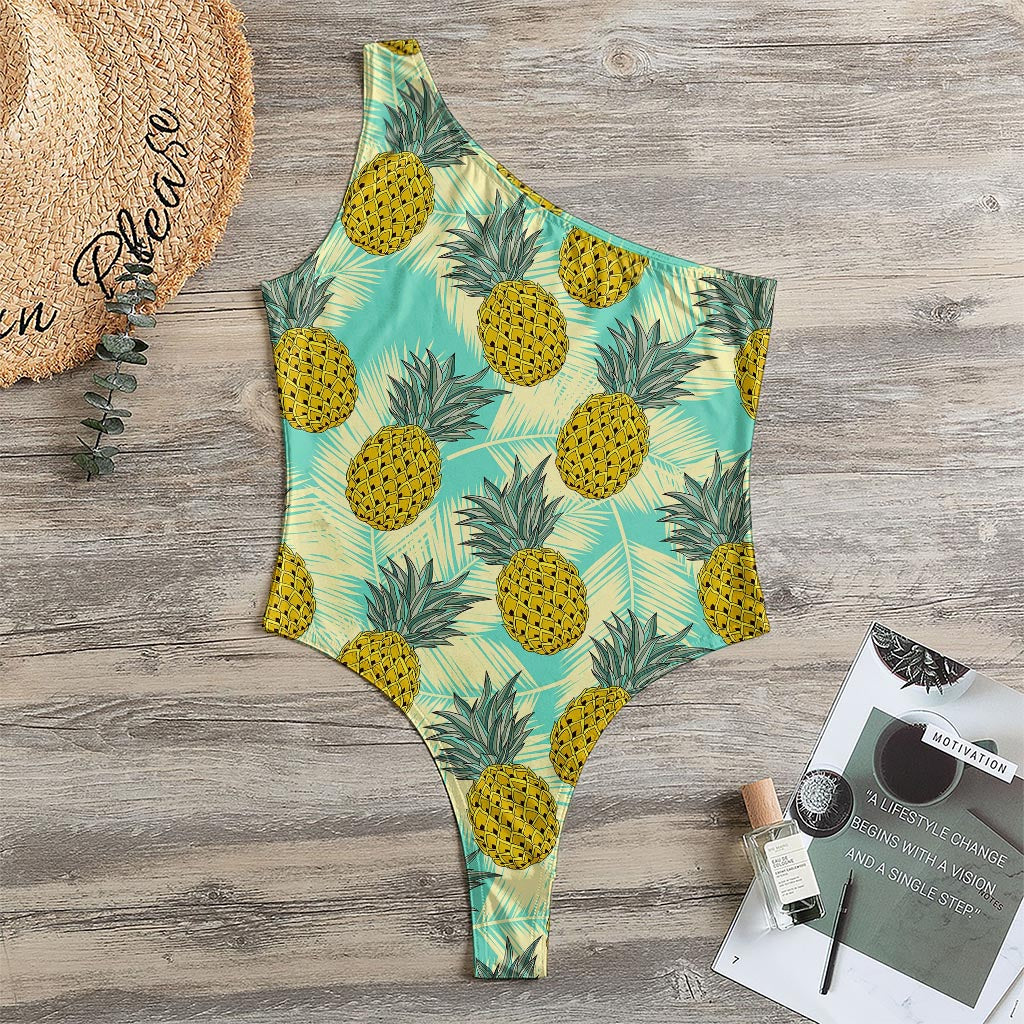 Tropical Vintage Pineapple Pattern Print One Shoulder Bodysuit
