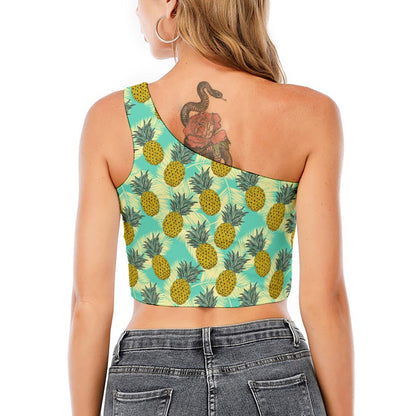 Tropical Vintage Pineapple Pattern Print One Shoulder Crop Top