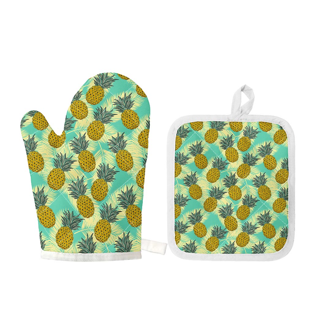 Tropical Vintage Pineapple Pattern Print Oven Mitt And Pot Holder Set