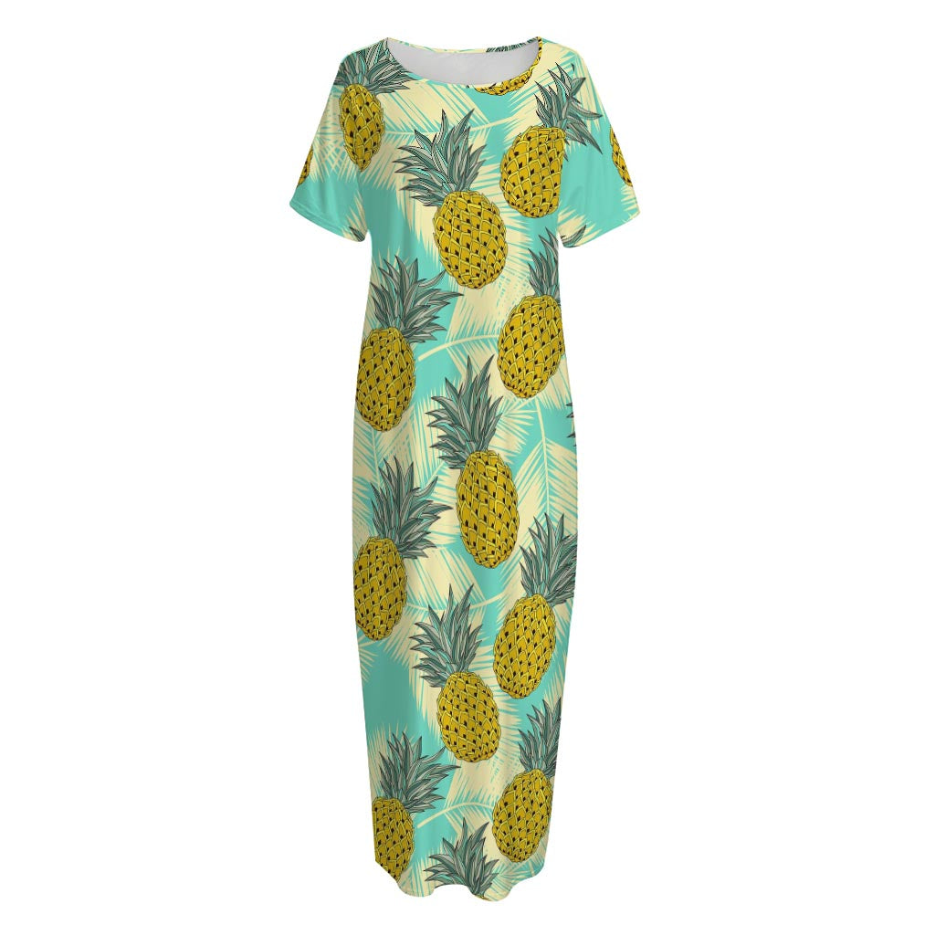 Tropical Vintage Pineapple Pattern Print Short Sleeve Long Nightdress