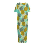 Tropical Vintage Pineapple Pattern Print Short Sleeve Long Nightdress