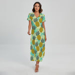 Tropical Vintage Pineapple Pattern Print Short Sleeve Maxi Dress