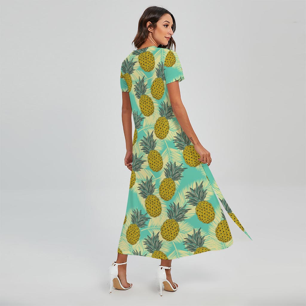 Tropical Vintage Pineapple Pattern Print Short Sleeve Maxi Dress