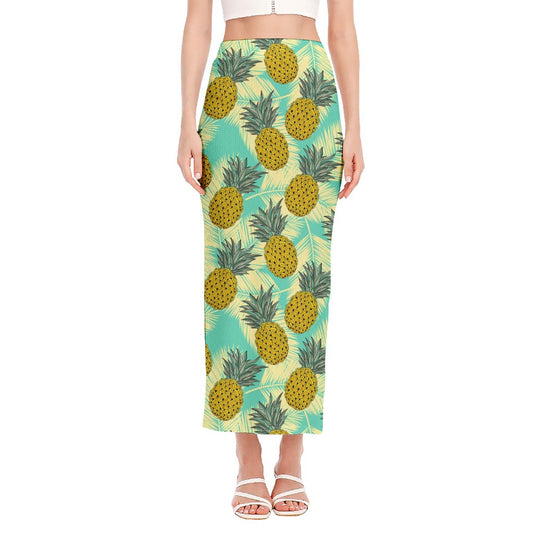 Tropical Vintage Pineapple Pattern Print Side Slit Maxi Skirt