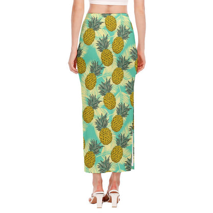 Tropical Vintage Pineapple Pattern Print Side Slit Maxi Skirt
