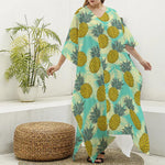 Tropical Vintage Pineapple Pattern Print Silk V-Neck Kaftan Dress