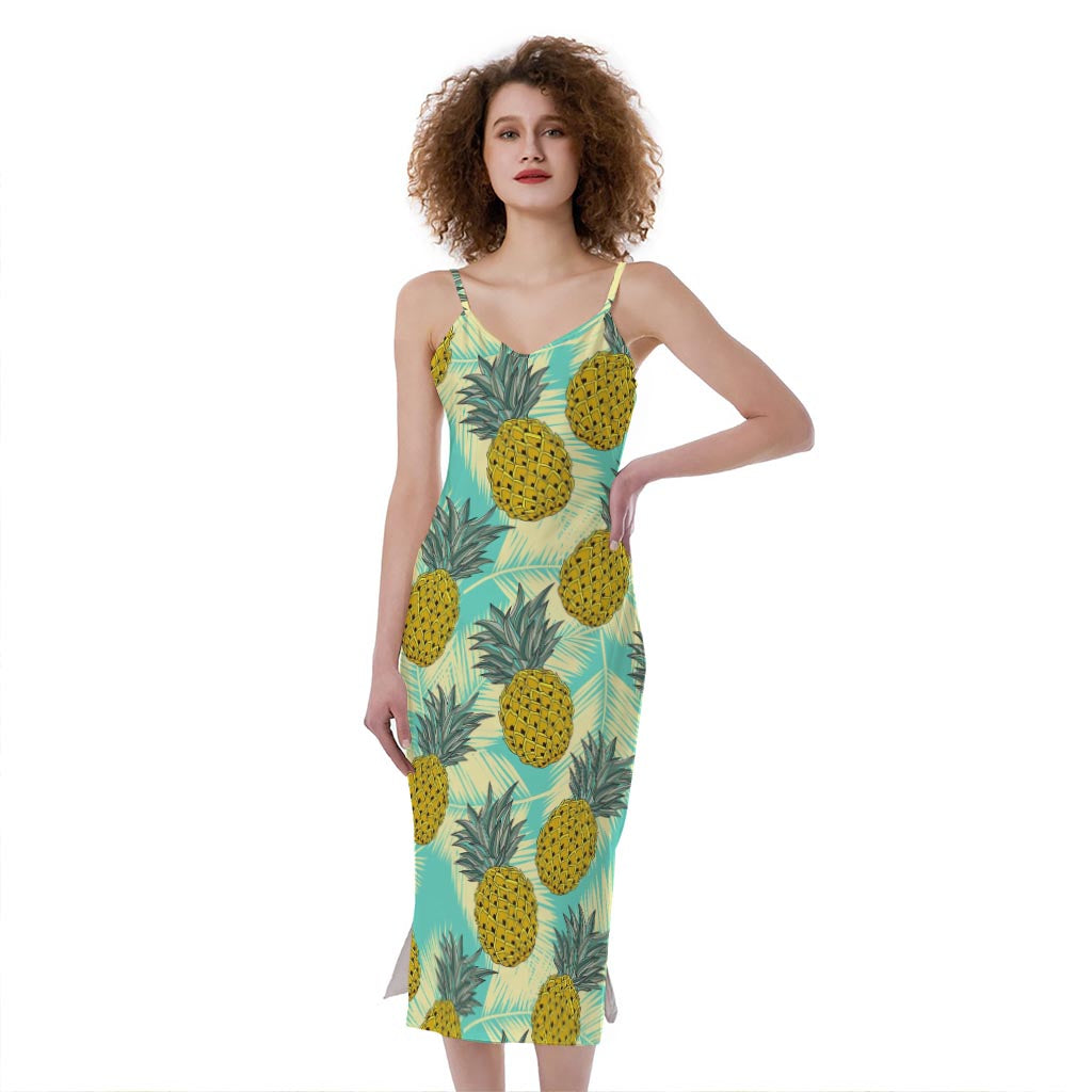 Tropical Vintage Pineapple Pattern Print Slim Fit Midi Cami Dress