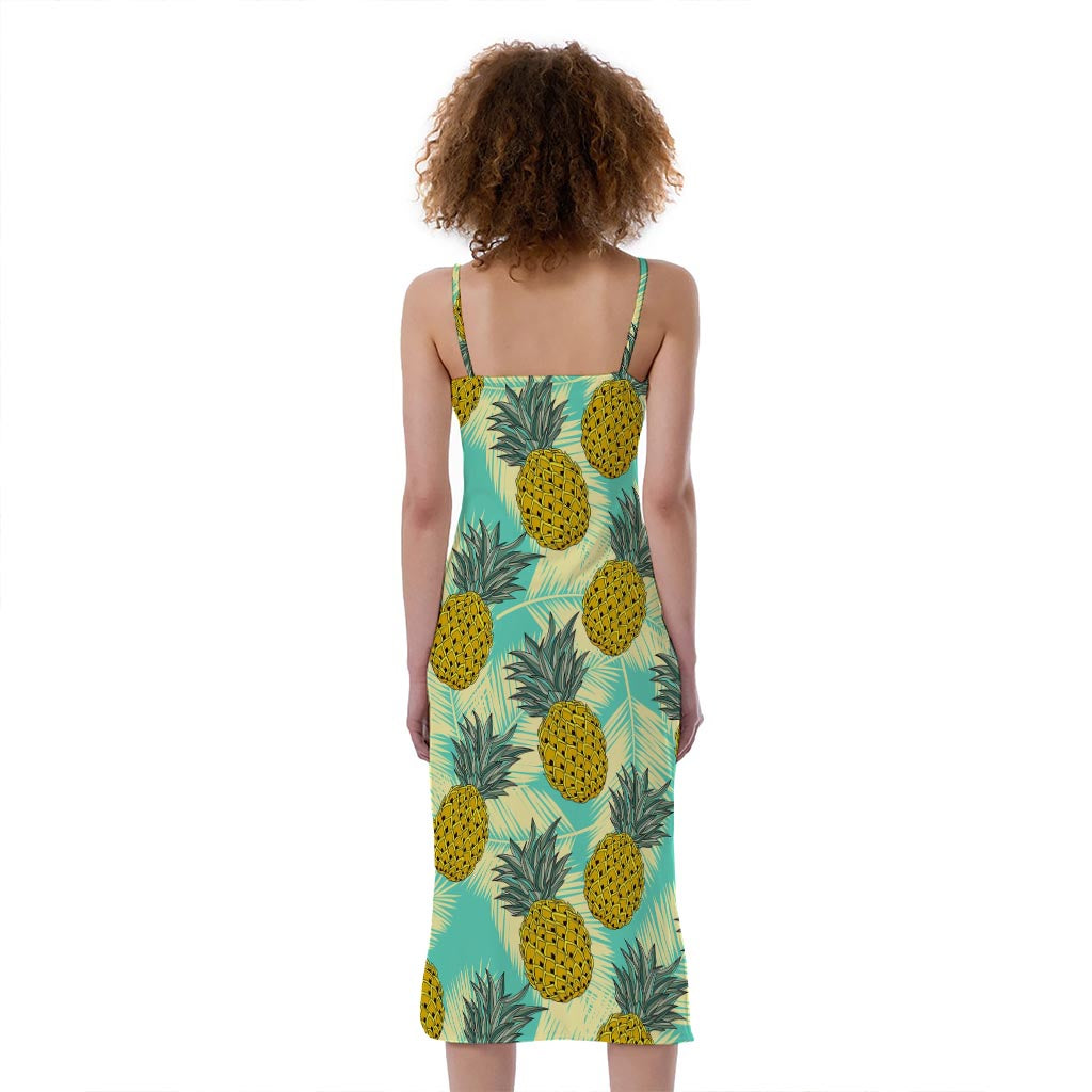 Tropical Vintage Pineapple Pattern Print Slim Fit Midi Cami Dress