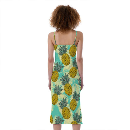Tropical Vintage Pineapple Pattern Print Slim Fit Midi Cami Dress