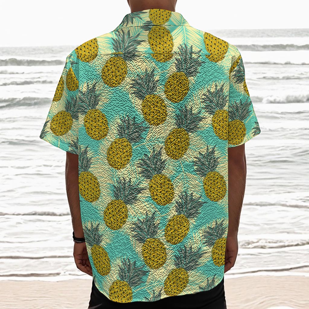 Tropical Vintage Pineapple Pattern Print Textured Short Sleeve Shirt