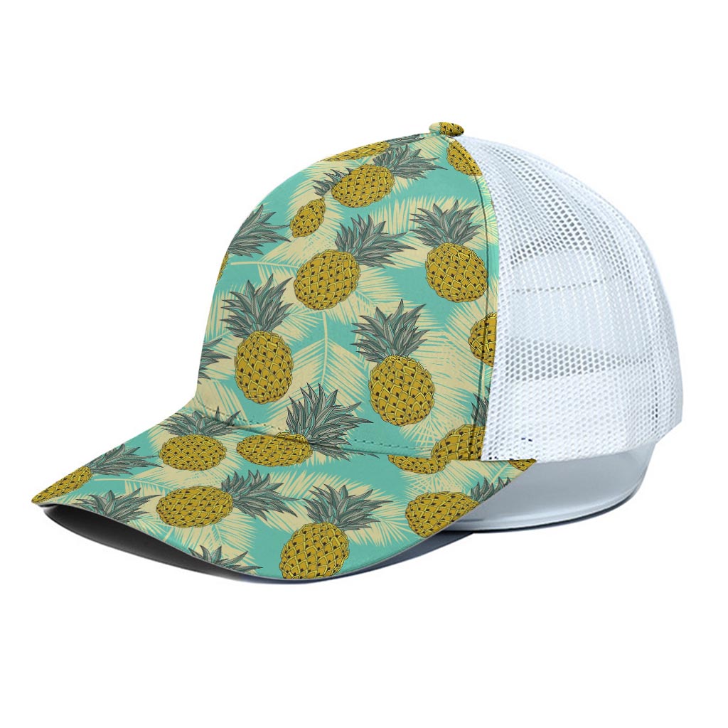 Tropical Vintage Pineapple Pattern Print White Mesh Trucker Cap