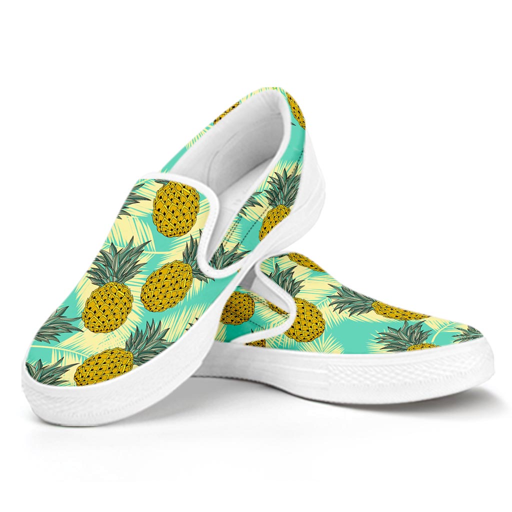 Tropical Vintage Pineapple Pattern Print White Slip On Sneakers