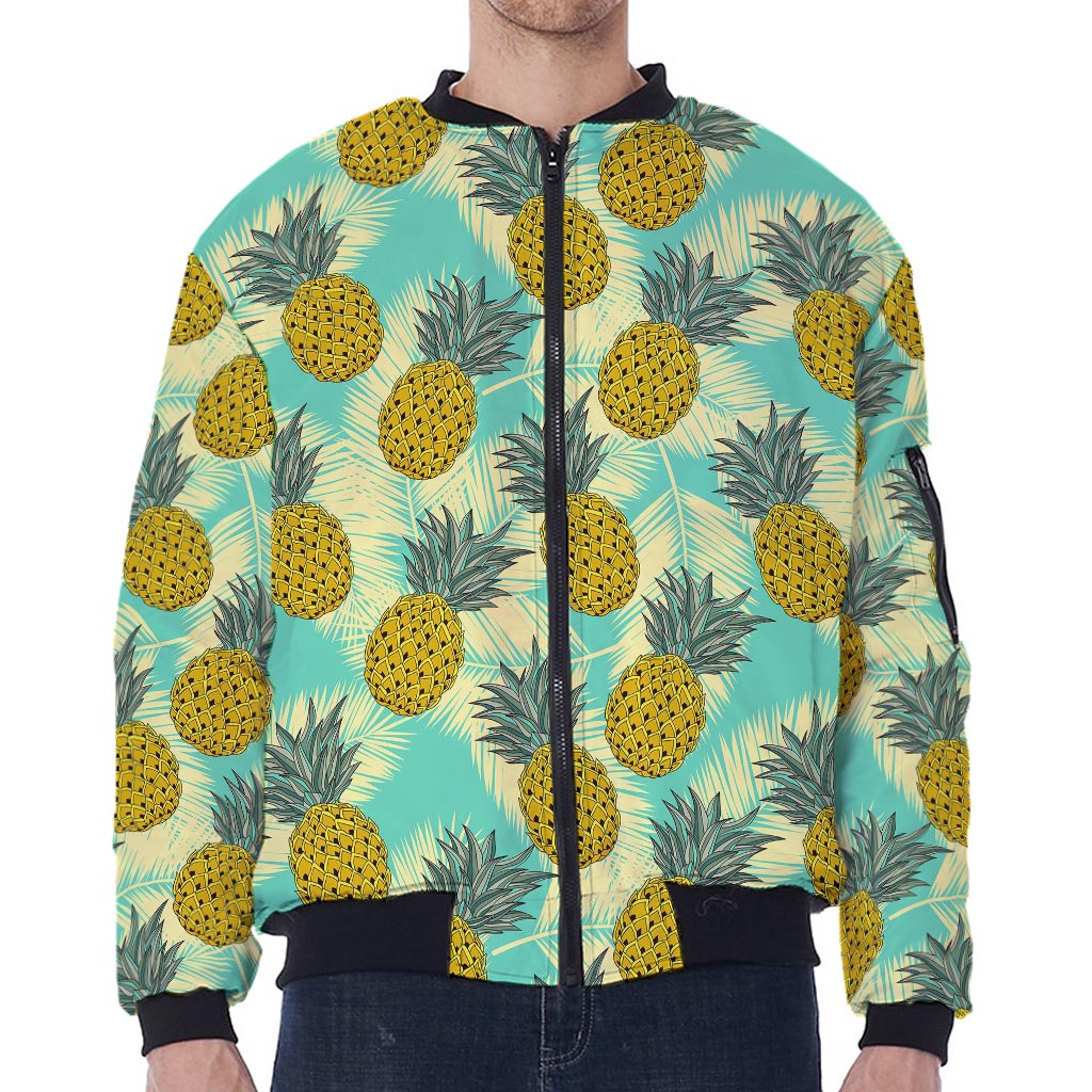 Tropical Vintage Pineapple Pattern Print Zip Sleeve Bomber Jacket