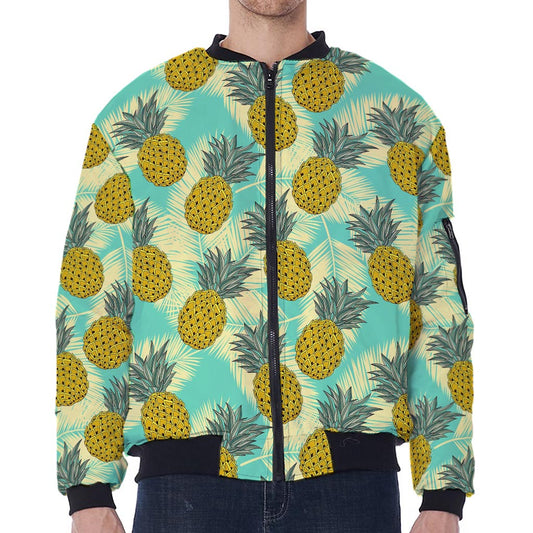 Tropical Vintage Pineapple Pattern Print Zip Sleeve Bomber Jacket