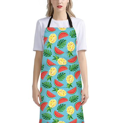 Tropical Watermelon And Pineapple Print Bib Apron With Pocket