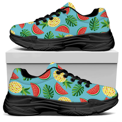 Tropical Watermelon And Pineapple Print Black Chunky Shoes