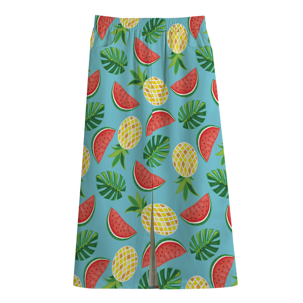 Tropical Watermelon And Pineapple Print Cotton Front Slit Maxi Skirt